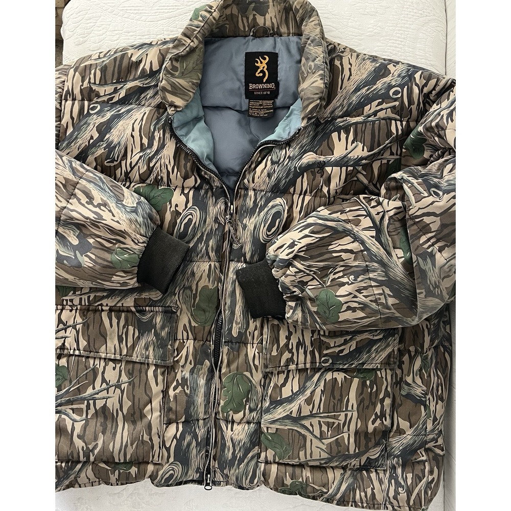 Vintage Browning FADED Camo Puffer Jacket Mens XL Filled Mossy Oak Treestand